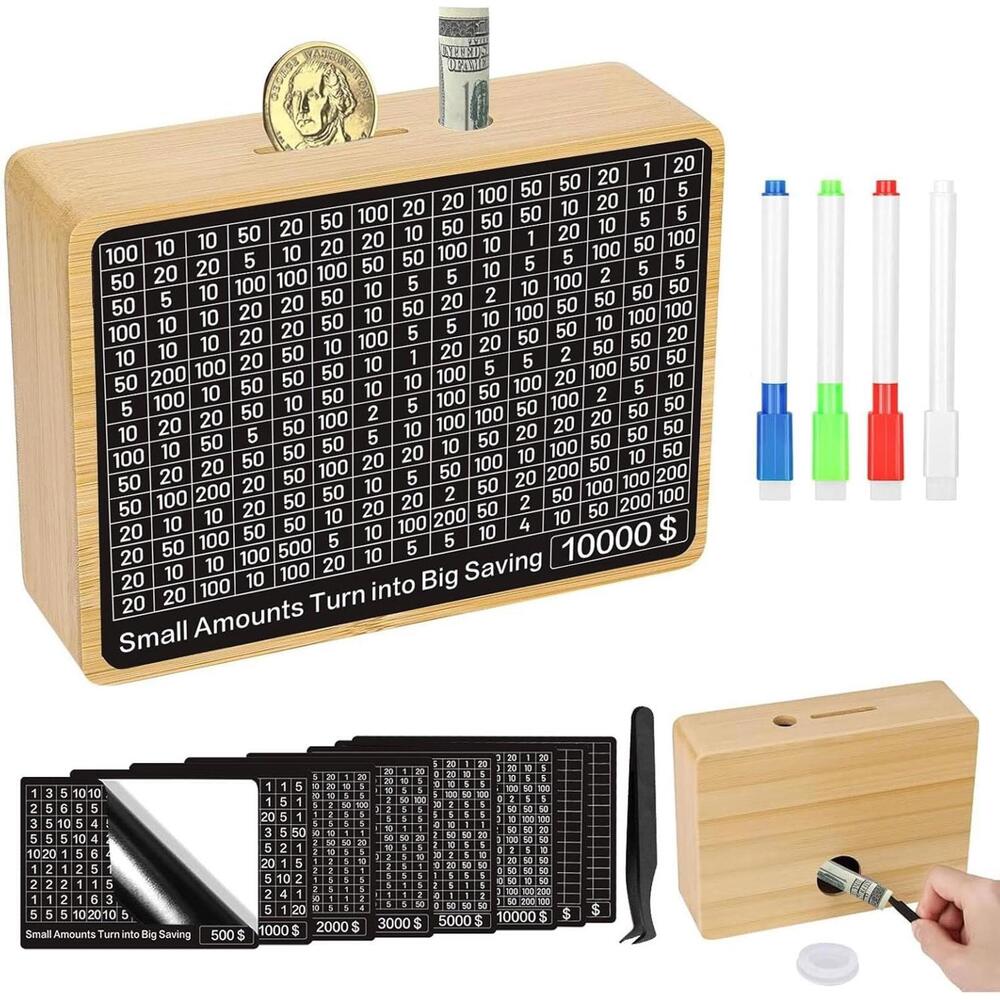 Cash Vault Wooden Money Box Savings Challenge Box with Saving Targets NEW